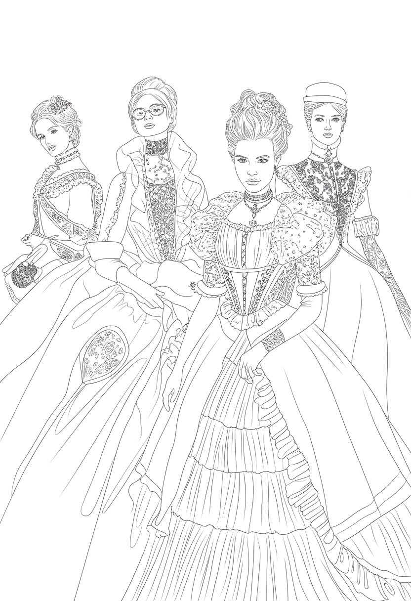 Gothic Coloring Pages for Adults: Top 20 Designs to Download as PDF and Png Files. 24 Two figures wearing detailed Victorian-era gowns with high collars, corsets, layered skirts, lace, and accessories, standing in elegant poses.